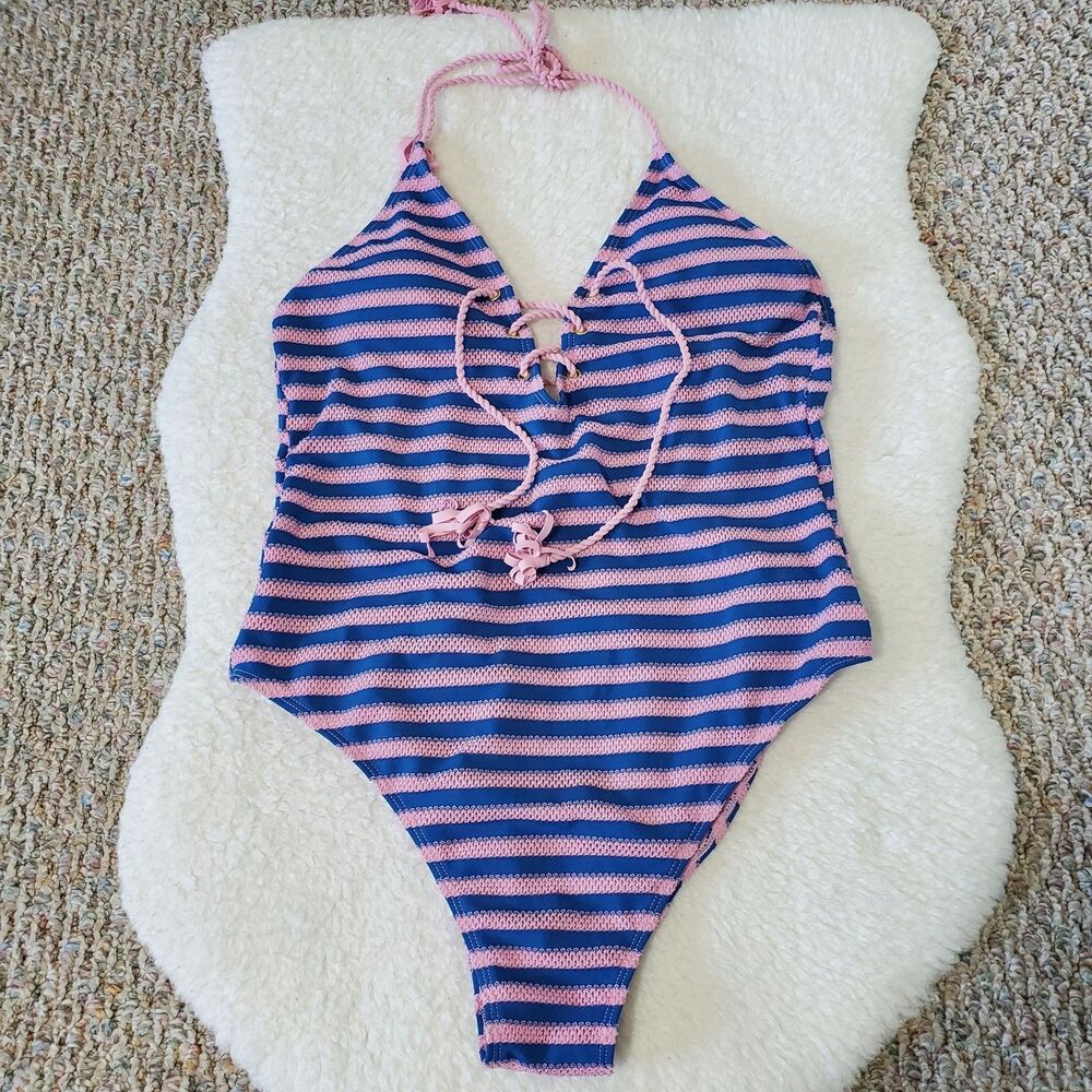 No Boundaries Swimsuit Juniors Large Blue Pink Stripe Lace Up Halter Barbiecore